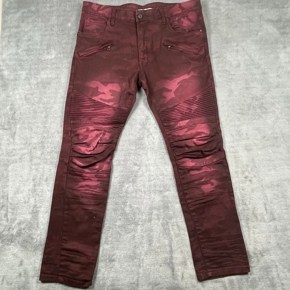 Smoke Rise Jeans Men 40x32 Red Burgundy Camo Straight Leg Slim Denim Moto Grunge